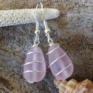 Wire Wrapped Pink Sea Glass Earrings Women Jewelry Gift